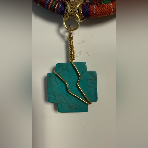 Boho Turquoise Cross Necklace | Colorful Fabric Cord Statement Necklace - Picture 7 of 9